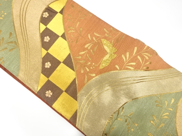 流水に蝶・花模様織出し全通袋帯